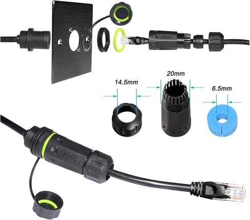 MUSM 1PC RJ45 8p8c Waterproof Connector, RJ45 Male to Female, Panel Mount Type,zinc Alloy Body+PA66 Plastic+Copper Contact 250mm(YPM20-RJ45-C01) in Saudi Arabia