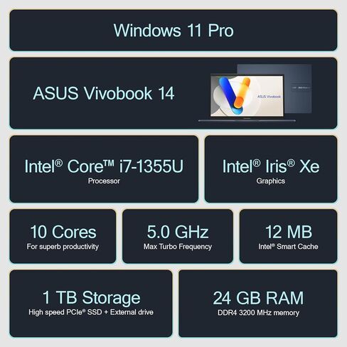 ASUS Vivobook Laptop Business 2025-2026, Lifetime Office, AI-Powered Computer, 14" FHD Display, 10-Core Intel i7-1355U, 40GB RAM, 1.5TB Storage (1TB SSD + 500GB Ext), MarxsolAccessory, Win 11 Pro in Saudi Arabia