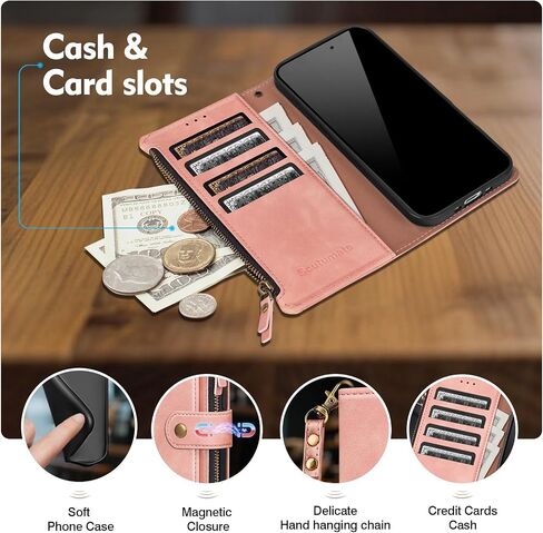 متوافق مع حافظة محفظة Samsung Galaxy Note 20 Ultra 5G مع حامل بطاقة RFID وسحاب من جلد البولي يوريثان، حافظة هاتف قابلة للطي وغطاء واقٍ وحزام المعصم وفتحات لبطاقات الائتمان للرجال والنساء، أحمر خمري in Kuwait