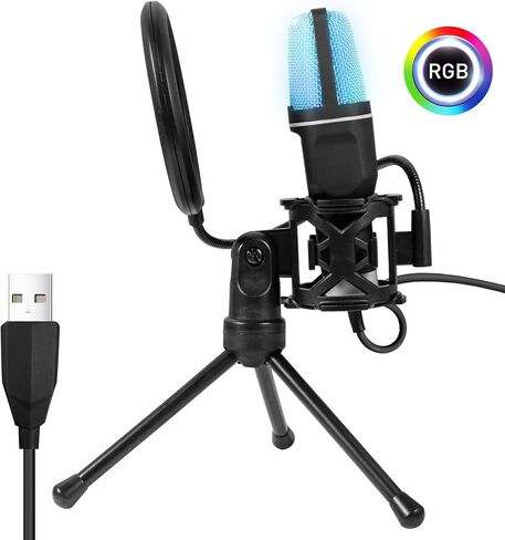 Condenser Computer Mic, RGB Light Streaming Podcast Studio Microphone with Tripod Stand, Metal USB Gaming Mic for Recording, Vocals in Saudi Arabia