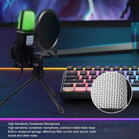 Condenser Computer Mic, RGB Light Streaming Podcast Studio Microphone with Tripod Stand, Metal USB Gaming Mic for Recording, Vocals in Saudi Arabia