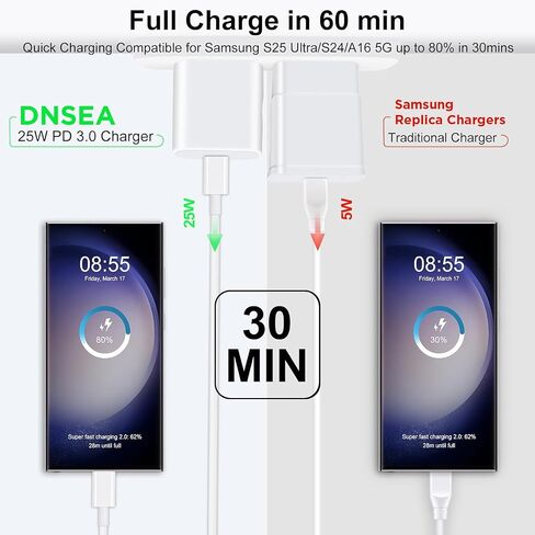 25W Samsung Super Fast Charger Block [2 Pack] for Samsung Galaxy S22, S23, S24, S25 Ultra, S25 FE, Z Flip 7, Z Fold 7, Z flip Fe, A17 USB C Charger with 6FT C to C Cable Android Phone Charger Cord in Kuwait