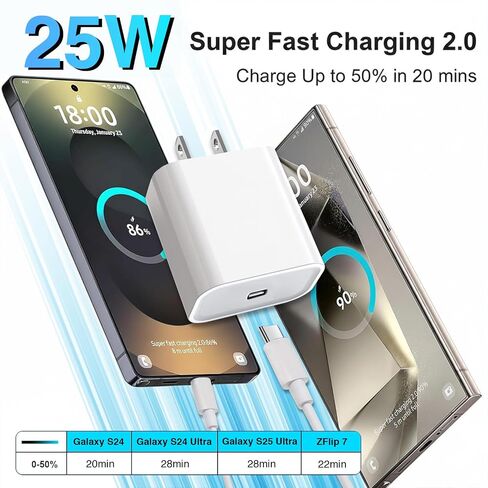 25W Samsung Super Fast Charger Block [2 Pack] for Samsung Galaxy S22, S23, S24, S25 Ultra, S25 FE, Z Flip 7, Z Fold 7, Z flip Fe, A17 USB C Charger with 6FT C to C Cable Android Phone Charger Cord in Kuwait