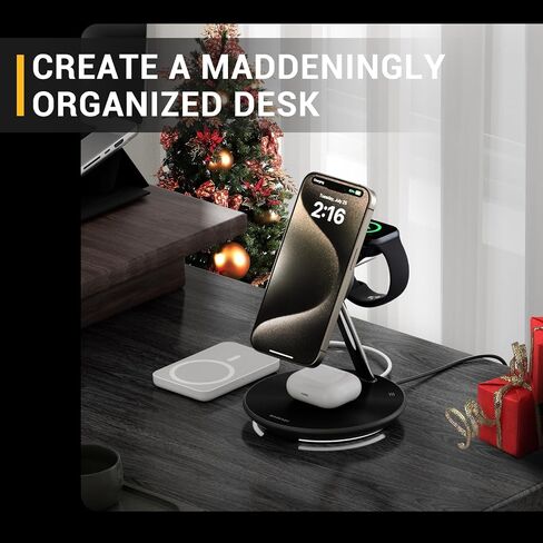 MAGEASY 4 in 1 Charging Station - Total 55W Output, Bedside Charging Station, Fast Charging Stand for iPhone, Apple Watch, AirPods, iPad, with Ambient Light | Power Station with 67W Charger (Black) in Saudi Arabia