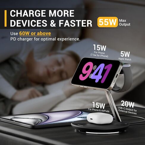 MAGEASY 4 in 1 Charging Station - Total 55W Output, Bedside Charging Station, Fast Charging Stand for iPhone, Apple Watch, AirPods, iPad, with Ambient Light | Power Station with 67W Charger (Black) in Saudi Arabia