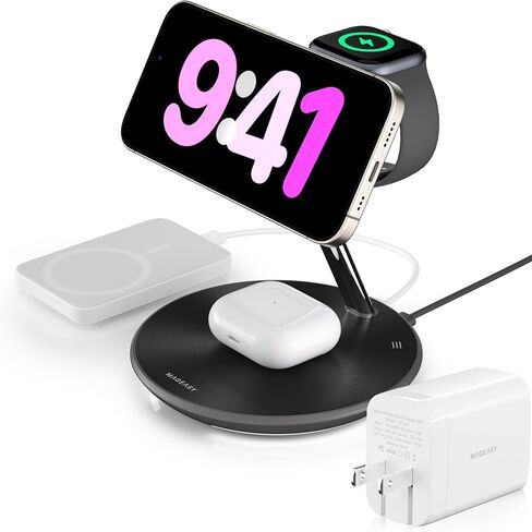 MAGEASY 4 in 1 Charging Station - Total 55W Output, Bedside Charging Station, Fast Charging Stand for iPhone, Apple Watch, AirPods, iPad, with Ambient Light | Power Station with 67W Charger (Black) in Saudi Arabia