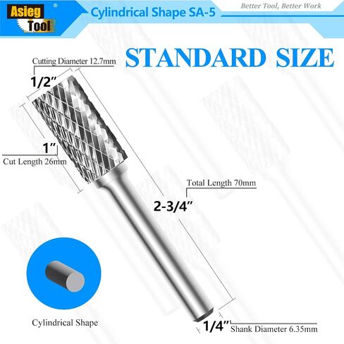 SA-5 Tungsten Carbide Burr Rotary File Cylindrical Shape Double Cut for Die Grinder Drill Bits 1/4'' Inch Diameter of Shank and 1/2'' Inch Diameter of Cutter 1'' Inch Cutter Length in Kuwait