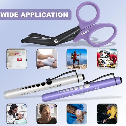 مقصات الصدمات وضوء القلم للممرضات - مقص طبي مطلي بالفلورايد مقاس 7.5 بوصة وقلم LED للممرضات والأطباء والإسعافات الأولية وEMT وEMS والتمريض (مقص ضمادة أسود + أضواء قلم أبيض وأسود) in Kuwait