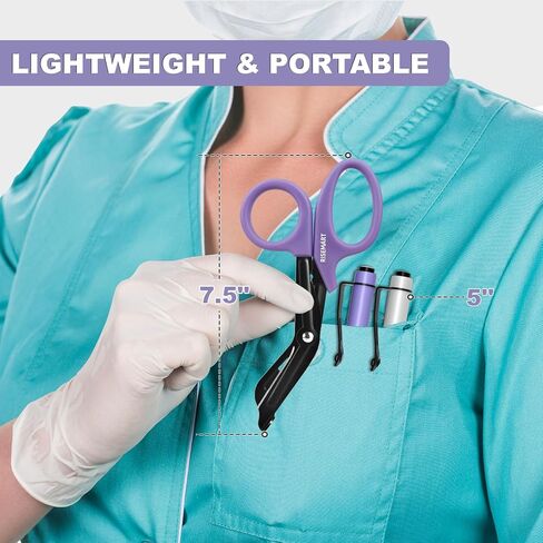 مقصات الصدمات وضوء القلم للممرضات - مقص طبي مطلي بالفلورايد مقاس 7.5 بوصة وقلم LED للممرضات والأطباء والإسعافات الأولية وEMT وEMS والتمريض (مقص ضمادة أسود + أضواء قلم أبيض وأسود) in Kuwait