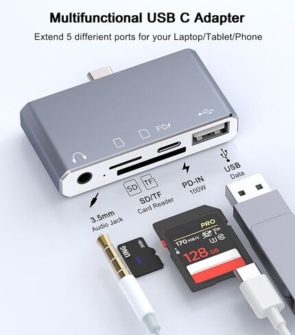 USB C Hub 5-in-1, USB C Adapter with SD/Micro SD Card Reader, 3.5mm Audio Aux Headphone Jack, USB OTG Adapter, 100W PD Compatible for iPad Air/Pro, iPhone 15/16, MacBook in Saudi Arabia