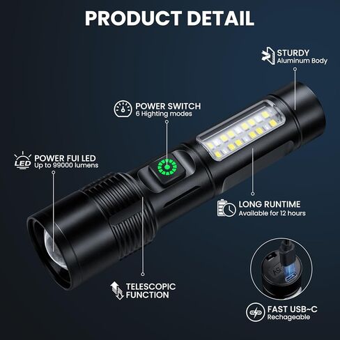 NiaoChao Rechargeable LED Flashlights High Lumens, 99000 Lumens Super Bright Flashlight with 6 Modes, Waterproof Powerful Flash Light Multifunctional Flashlights for Home Camping Hiking(3 Pack) in Saudi Arabia