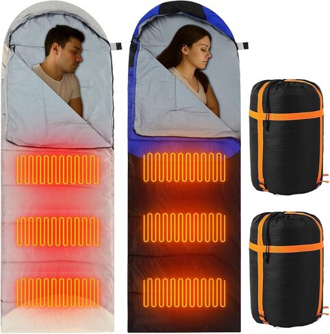 2 Pack Heated Sleeping Bag for Adults USB Electric Cold Weather Sleeping Bag with 4 Zone Carbon Fiber 3 Adjustable Heating Levels Waterproof for All Season Camping & Hiking in Saudi Arabia