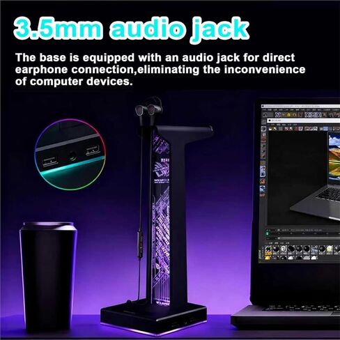 حامل سماعة رأس للألعاب من الأكريليك، حامل سماعة رأس RGB، مع منفذ صوت USB/3.5 مم، 10 أوضاع إضاءة، ملحقات ألعاب الكمبيوتر، للاعبين الرجال ومحبي الموسيقى (أسود) in Saudi Arabia