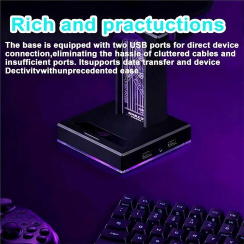 حامل سماعة رأس للألعاب من الأكريليك، حامل سماعة رأس RGB، مع منفذ صوت USB/3.5 مم، 10 أوضاع إضاءة، ملحقات ألعاب الكمبيوتر، للاعبين الرجال ومحبي الموسيقى (أسود) in Saudi Arabia