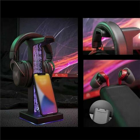 حامل سماعة رأس للألعاب من الأكريليك، حامل سماعة رأس RGB، مع منفذ صوت USB/3.5 مم، 10 أوضاع إضاءة، ملحقات ألعاب الكمبيوتر، للاعبين الرجال ومحبي الموسيقى (أسود) in Saudi Arabia