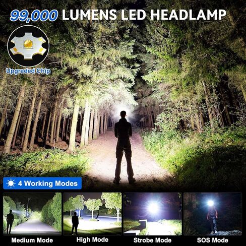 مصباح أمامي Cinlinso قابل لإعادة الشحن فائق السطوع 99000 لومن، مصباح رأس LED مع 4 أوضاع، مصابيح رأس قابلة للتعديل 90 درجة للجبهة، مصابيح أمامية مقاومة للماء IPX6 للبالغين والتخييم والصيد والمشي لمسافات طويلة in Kuwait