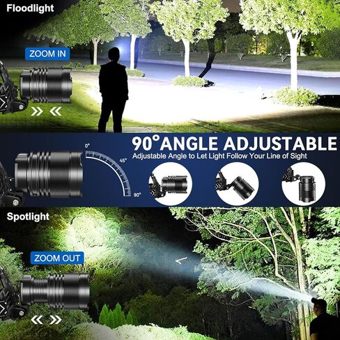 مصباح أمامي Cinlinso قابل لإعادة الشحن فائق السطوع 99000 لومن، مصباح رأس LED مع 4 أوضاع، مصابيح رأس قابلة للتعديل 90 درجة للجبهة، مصابيح أمامية مقاومة للماء IPX6 للبالغين والتخييم والصيد والمشي لمسافات طويلة in Kuwait