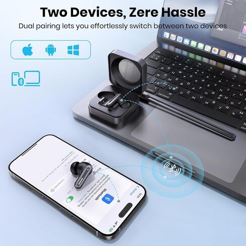 سماعات بلوتوث 5.4 سماعات أذن لاسلكية 2 في 1 وحامل هاتف وسماعات أذن عازلة للضوضاء، صوت جهير قوي داخل الأذن، بلوتوث 70 ساعة، وقت تشغيل 35 ديسيبل هجين ANC مقاوم للماء للرياضة/التمرين، رمادي in Kuwait