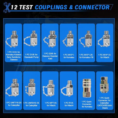 SINOCMP Digital Pressure Gauge Kit with 3 Pressure Gauges 3 Test Hoses and 24 Couplings, Hydraulic Gas Water Pressure Test Kit for CASE Komatsu Excavator Construction Machinery in Kuwait