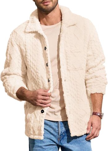 Yousify Mens Fuzzy Sherpa سترة الصوف الزر غير الرسمي لأسفل معطف الخريف الخريف الشتاء. in Kuwait