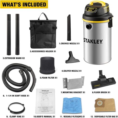Stanley Wet/Dry Hanging Vacuum, 4.5 Gallon, 4 Horsepower, Stainless Steel Tank in Saudi Arabia