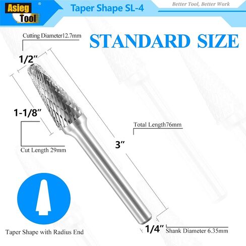 SL-4 Tungsten Carbide Burr Rotary File Taper Shape with Radius End Double Cut with 1/4"Shank for Die Grinder Drill Bit in Kuwait