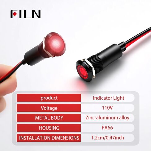 FILN 2 قطعة 12 مم (1/2 بوصة) ضوء مؤشر LED ضوء مؤشر مقاوم للماء مصباح إشارة معدني 110 فولت IP67 رأس مصباح الطيار الأزرق لضوء قارب السيارة (110 فولت-أسود بأكسيد أخضر قطعتان) in Kuwait