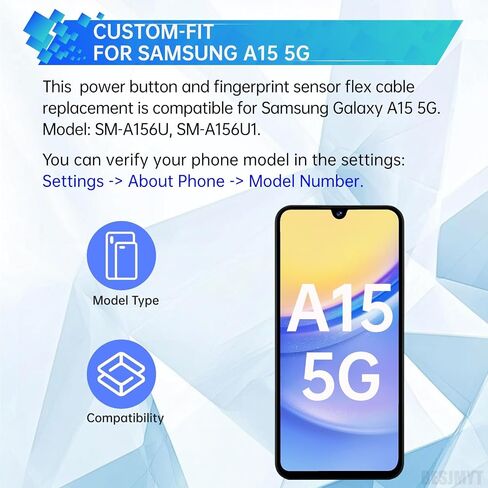 لهاتف Samsung Galaxy A15 5G زر الطاقة الأسود الشجاع ومستشعر بصمات الأصابع، كابل مرن بديل للتشغيل/الإيقاف الجانبي، زر التحكم، أجزاء إصلاح الموصل SM-A156U SM-A156U1/DS in Kuwait