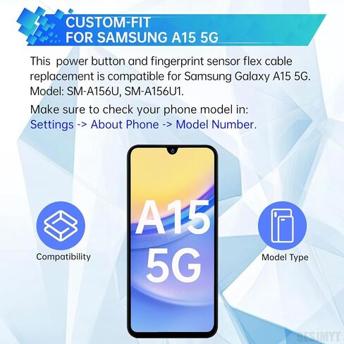 for Samsung Galaxy A15 5G Brave Black Power Button and Fingerprint Sensor Flex Cable Replacement Side Power On/Off Switch Control Button Connector Repair Parts SM-A156U SM-A156U1/DS in Kuwait