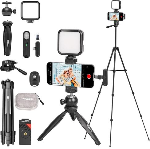 مجموعة أدوات تسجيل الفيديو USKEYVISION لأجهزة iPhone Youtuber Kit مجموعة أدوات إنشاء المحتوى للهواتف الذكية مع حامل ثلاثي القوائم كامل الحجم قابل للتمديد مقاس 59 بوصة، وإضاءة LED ثلاثية الألوان، وميكروفون Shotgun لهاتف iPhone 15/14/13 Mini/Pro/Max(Vlog K4 in Kuwait