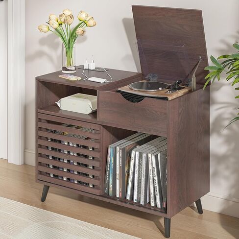 Record Player Stand,Turntable Stand with Vinyl Record Storage,Record Player Table with Power Socket,Vinyl Record Storage Cabinet w/Wooden Legs,Record Player Stand for Bedroom (Walnut) in Saudi Arabia