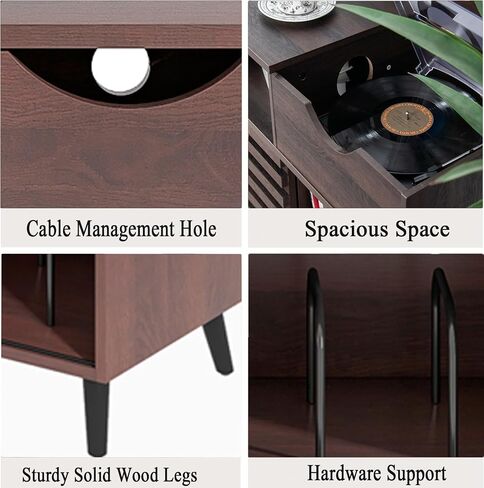 Record Player Stand,Turntable Stand with Vinyl Record Storage,Record Player Table with Power Socket,Vinyl Record Storage Cabinet w/Wooden Legs,Record Player Stand for Bedroom (Walnut) in Saudi Arabia