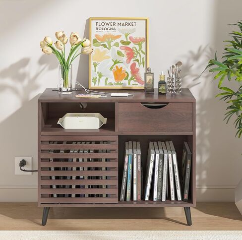 Record Player Stand,Turntable Stand with Vinyl Record Storage,Record Player Table with Power Socket,Vinyl Record Storage Cabinet w/Wooden Legs,Record Player Stand for Bedroom (Walnut) in Saudi Arabia