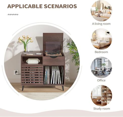 Record Player Stand,Turntable Stand with Vinyl Record Storage,Record Player Table with Power Socket,Vinyl Record Storage Cabinet w/Wooden Legs,Record Player Stand for Bedroom (Walnut) in Saudi Arabia