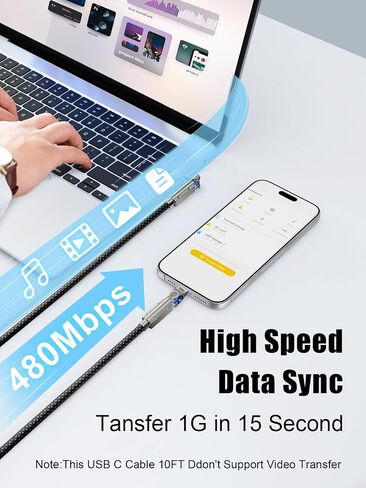 كابل USB C مطور بقدرة 60 وات بطول 10 أقدام، وكابل شحن سريع USB C إلى USB C بطول 180 درجة، سلك شاحن من النوع C المضفر من النايلون لهاتف iPhone 17/16/15، وMacBook، وiPad، وSamsung in Kuwait