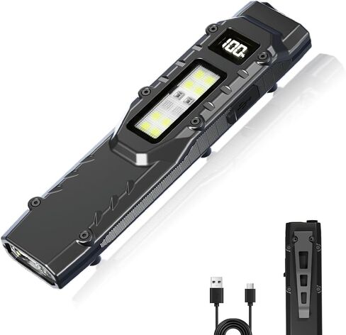 مصباح يدوي تكتيكي MAKDAK EDC قابل لإعادة الشحن - ضوء جيب بشاشة رقمية عالية اللومن، 5+4 أوضاع مع مصابيح LED بيضاء حمراء بالأشعة فوق البنفسجية، من الفولاذ المقاوم للصدأ وIPX4 للحمل اليومي والتخييم والطوارئ in Kuwait