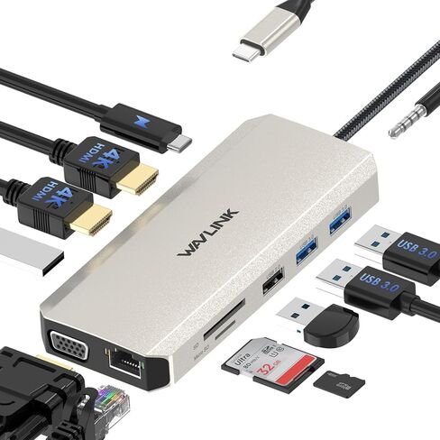 قاعدة توصيل USB C 12 في 1، محول WAVLINK ثلاثي العرض من النوع C مع 2X 4K HDMI ومنفذ 1x 2K VGA، وشحن الكمبيوتر المحمول بقدرة 85 وات، وإيثرنت، وقارئ بطاقات MicroSD وSD in Saudi Arabia