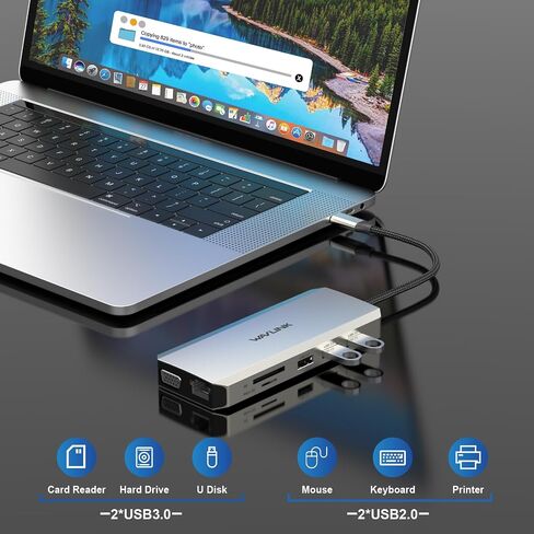 قاعدة توصيل USB C 12 في 1، محول WAVLINK ثلاثي العرض من النوع C مع 2X 4K HDMI ومنفذ 1x 2K VGA، وشحن الكمبيوتر المحمول بقدرة 85 وات، وإيثرنت، وقارئ بطاقات MicroSD وSD in Saudi Arabia