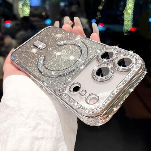 Magnetic Glitter Case for iPhone 17 Pro Max 6.9“ [Compatible with MagSafe] [Built-in Lens Protector] Clear Sparkle Diamond Camera Protection Phone Case for 17 Pro Max Women Girls - Cosmic Orange in Saudi Arabia