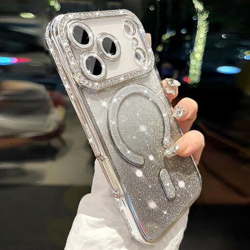 Magnetic Glitter Case for iPhone 17 Pro Max 6.9“ [Compatible with MagSafe] [Built-in Lens Protector] Clear Sparkle Diamond Camera Protection Phone Case for 17 Pro Max Women Girls - Cosmic Orange in Saudi Arabia