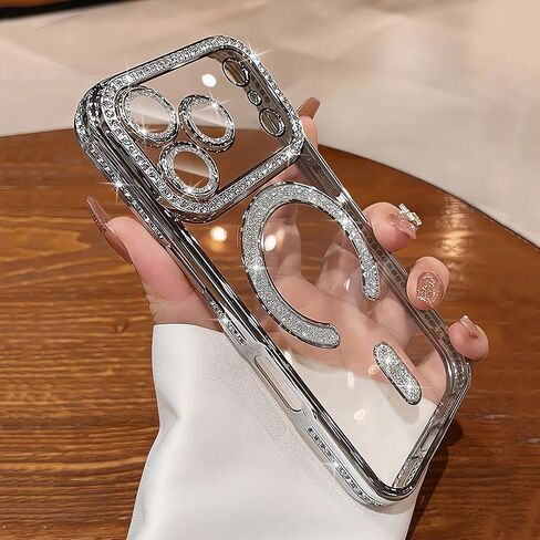 Magnetic Glitter Case for iPhone 17 Pro Max 6.9“ [Compatible with MagSafe] [Built-in Lens Protector] Clear Sparkle Diamond Camera Protection Phone Case for 17 Pro Max Women Girls - Cosmic Orange in Saudi Arabia