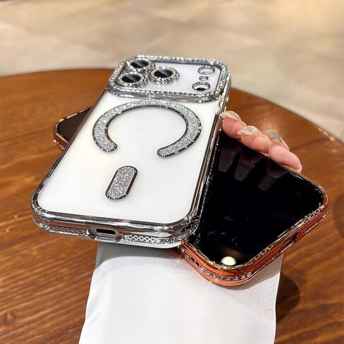Magnetic Glitter Case for iPhone 17 Pro Max 6.9“ [Compatible with MagSafe] [Built-in Lens Protector] Clear Sparkle Diamond Camera Protection Phone Case for 17 Pro Max Women Girls - Cosmic Orange in Saudi Arabia