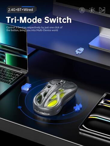 ماوس ألعاب لاسلكي، ثلاثي الوضع 2.4 جيجا/USB-C/ماوس بلوتوث، 800-4800 نقطة لكل بوصة، ماوس ألعاب بصري مريح، RGB و6 أزرار قابلة للبرمجة، 65 جرام، قابل لإعادة الشحن، للكمبيوتر الشخصي/Mac/الكمبيوتر المحمول in Saudi Arabia
