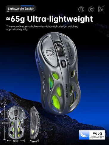 ماوس ألعاب لاسلكي، ثلاثي الوضع 2.4 جيجا/USB-C/ماوس بلوتوث، 800-4800 نقطة لكل بوصة، ماوس ألعاب بصري مريح، RGB و6 أزرار قابلة للبرمجة، 65 جرام، قابل لإعادة الشحن، للكمبيوتر الشخصي/Mac/الكمبيوتر المحمول in Saudi Arabia