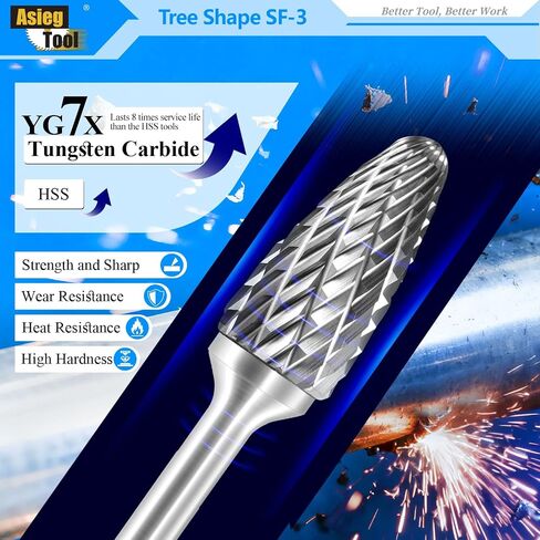 SF-5 Tungsten Carbide Burr Rotary File Tree Shape Radius End Shape Double Cut for Die Grinder Drill Bits 1/4'' Inch Diameter of Shank and 1/2'' Inch Diameter of Cutter 1'' Inch Cutter Length in Kuwait