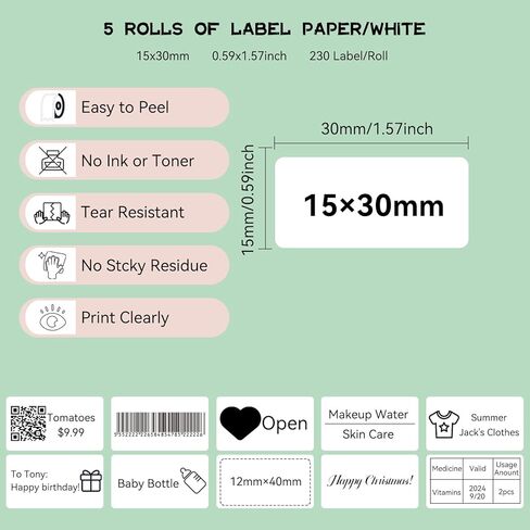 إعادة تعبئة شريط صانع الملصقات EEBBL D30 P21، 15 × 30 مم (0.59 بوصة × 1.2 بوصة) ملصقات طباعة ملصقات حرارية متوافقة مع ورق الطباعة المُكيَّف لطابعة الملصقات المحمولة D30 للمكتب، 230 ملصق/لفة، 5 لفات (أبيض) in Kuwait