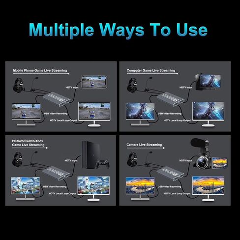 بطاقة التقاط HDMI 4K للبث، دقة Full HD 1080P 60FPS USB Cam Link Game بطاقة التقاط الصوت والفيديو نينتندو سويتش/PS5/3ds/Xbox/PS4 (أسود) in Kuwait