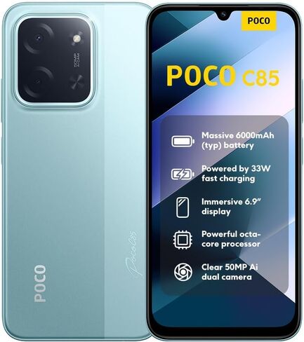 XIAOMI Poco C85 4G LTE (متوافق مع Tmobile Tello Mint & Global) (256 جيجابايت + 8 جيجابايت) شريحة SIM مزدوجة غير مقفلة 6.9 بوصة 50 ميجابكسل موديل 25078PC3EG (أسود) in Kuwait