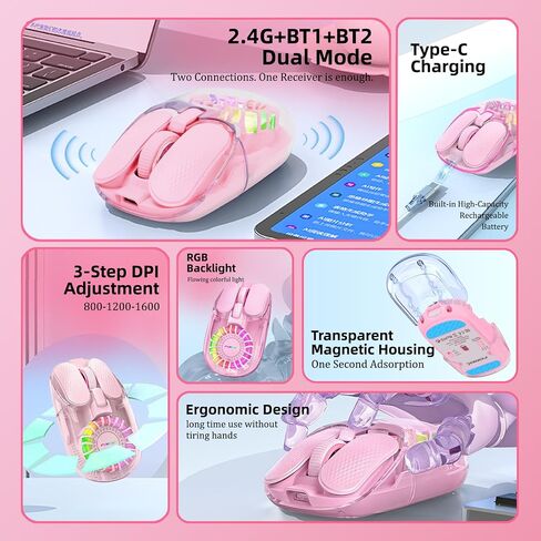 Wireless Bluetooth Mouse, Transparent BT+2.4G Dual-Mode Gaming Mouse with Magnetic Top Cover, Rechargeable RGB Backlit Computer Mouse for Laptop, PC, MacBook, iPad (Pink) in Saudi Arabia