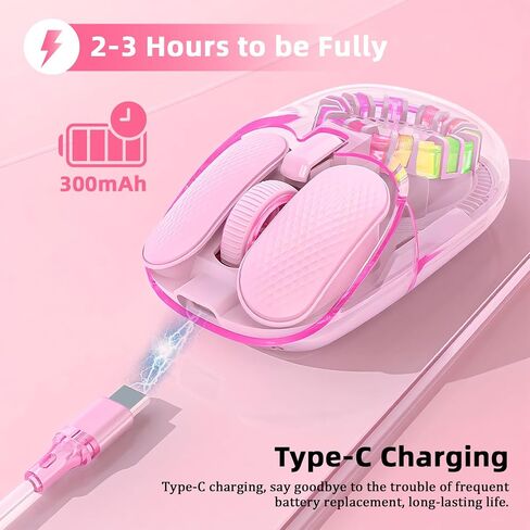 Wireless Bluetooth Mouse, Transparent BT+2.4G Dual-Mode Gaming Mouse with Magnetic Top Cover, Rechargeable RGB Backlit Computer Mouse for Laptop, PC, MacBook, iPad (Pink) in Saudi Arabia